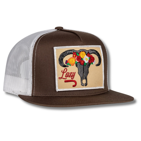 Brown & White Skull & Flowers Trucker