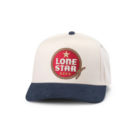 Front view of American Needle Lone Star Wrangler Hat in Ivory and Breaker Blue featuring an embroidered Lone Star patch on a structured crown