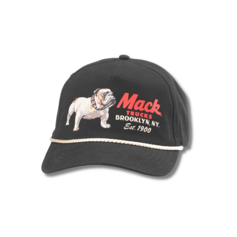 Front view of American Needle Mack Truck Canvas Cappy in Black featuring an embroidered Mack Truck logo patch on a soft canvas crown