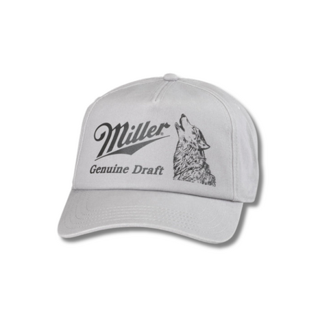 Front view of American Needle Miller Genuine Draft Hat in Light Grey featuring a vintage-style Miller logo patch on a structured crown