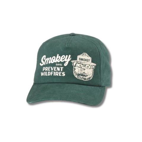 Front view of American Needle Smokey Bear Walker Hat in Bottle green featuring an embroidered Smokey Bear patch on a structured crown
