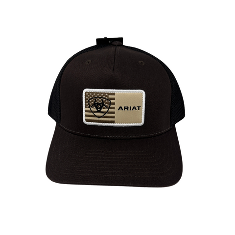Front view of Ariat American Flag Patch Snapback in brown featuring embroidered American flag patch on a structured front panel - Topit