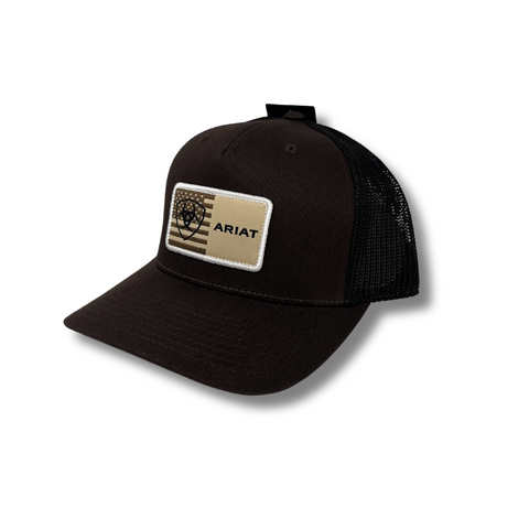 Side view of Ariat American Flag Patch Snapback in brown showing curved brim and contrast mesh back panel - Topit