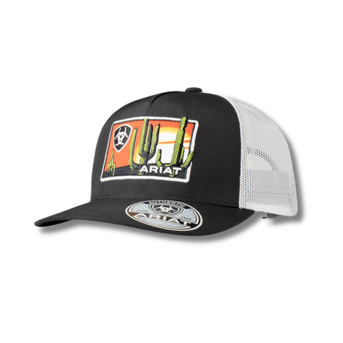 Front view of Ariat Desert Patch Cap in black featuring embroidered desert scene patch on a structured crown