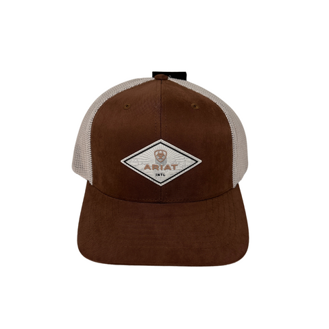 Front view of Ariat Diamond Faux Leather Cap in brown featuring a diamond-shaped Ariat patch on a structured faux leather front panel - Topit