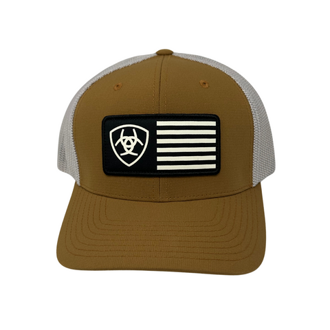 Front view of Ariat Flag Cap in tan featuring an embroidered American flag patch on a structured front panel - Topit