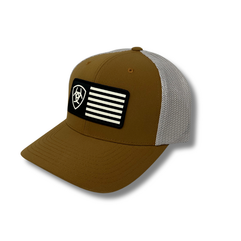 Side view of Ariat Flag Cap in tan showing curved brim and mesh back panel for ventilation - Topit