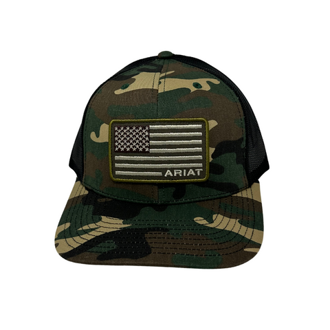 Front view of Ariat Flag Patch Camo Snapback featuring embroidered American flag patch on a camo-patterned structured crown - Topit