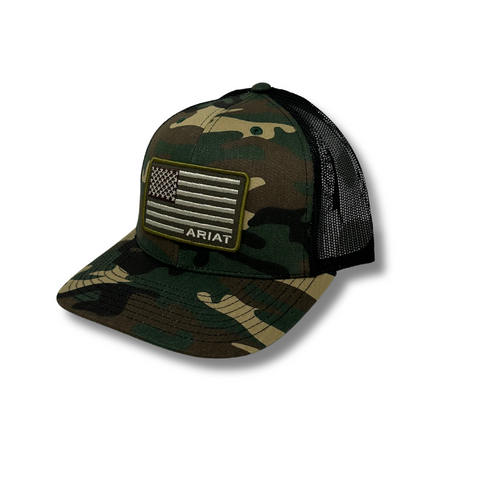 Side view of Ariat Flag Patch Camo Snapback showing curved brim and breathable mesh back panel