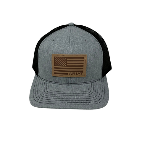 Front view of Ariat Flag Patch Grey Snapback featuring embroidered American flag patch on a structured grey crown - Topit