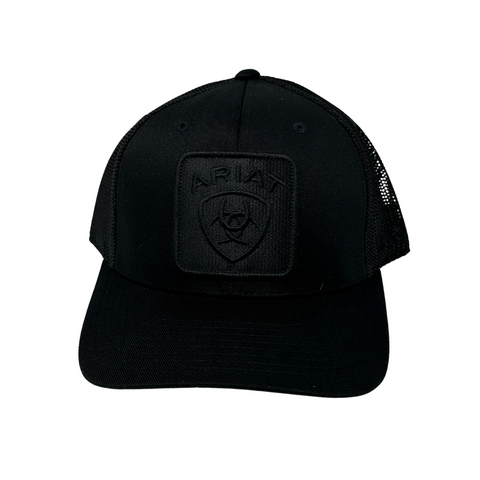 Front view of Ariat Logo Snapback in black featuring bold embroidered Ariat logo on a structured front panel - Topit
