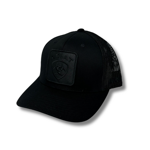 Side view of Ariat Logo Snapback in black showing curved brim and breathable mesh back panel - Topit