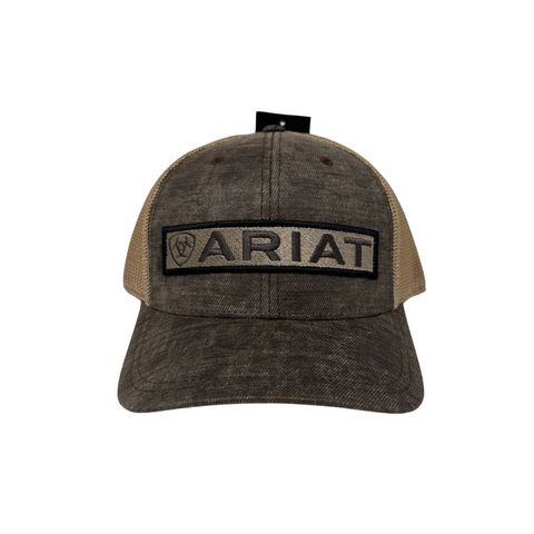 Front view of Ariat Long Logo Cap in brown featuring an embroidered long Ariat wordmark across a structured front panel - Topit