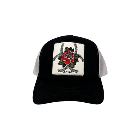 Front view of Ariat Rose Patch Snapback in black featuring an embroidered rose patch on a structured crown - Topit