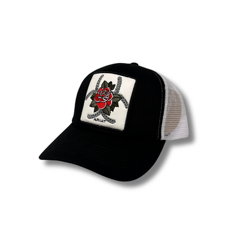 Side view of Ariat Rose Patch Snapback in black showing curved brim and black mesh back panel - Topit