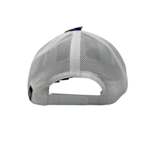 Back of Ariat Shield Cap in blue with adjustable snapback closure and contrast mesh design