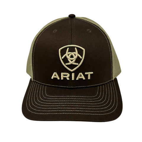 Front view of Ariat Shield Cap in brown featuring the signature Ariat shield logo patch on a structured front panel