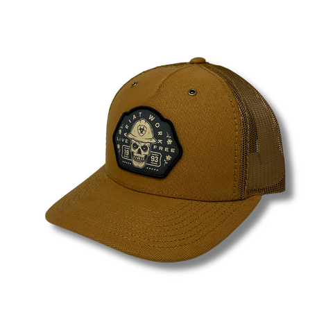 Side view of Ariat Skull Patch Cap in tan showing curved brim and mesh back panel for ventilation