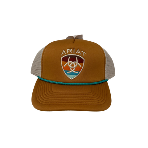 Front view of Ariat Striped Patch Cap in camel featuring an embroidered Ariat logo patch with horizontal stripes on a structured front panel - Topit