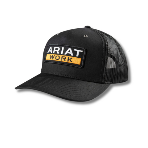 Front view of Ariat Work Patch snapback cap in black with bold patch logo – Rooster