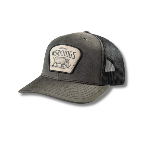 Front view of Ariat WorkHog Patch Snapback Cap in charcoal featuring structured crown and bold WorkHog logo patch