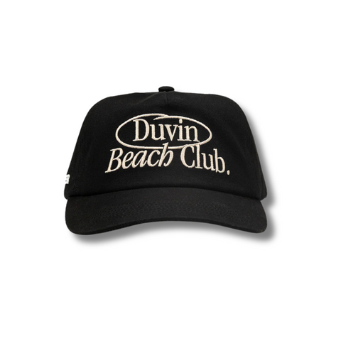 Front view of the Beach Club Hat in black with white embroidered Beach Club logo on structured crown