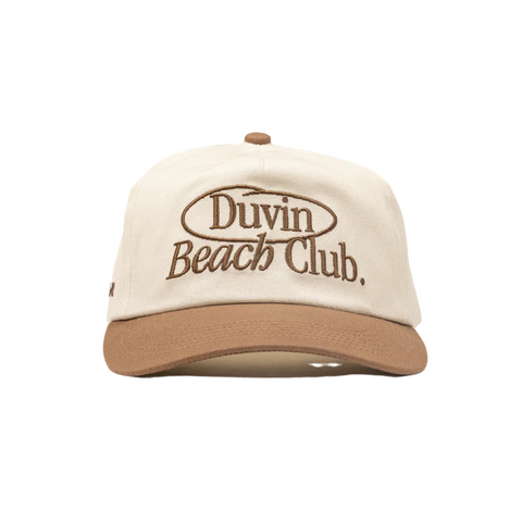Front view of the Beach Club Hat in brown with clean embroidered Beach Club text on structured crown