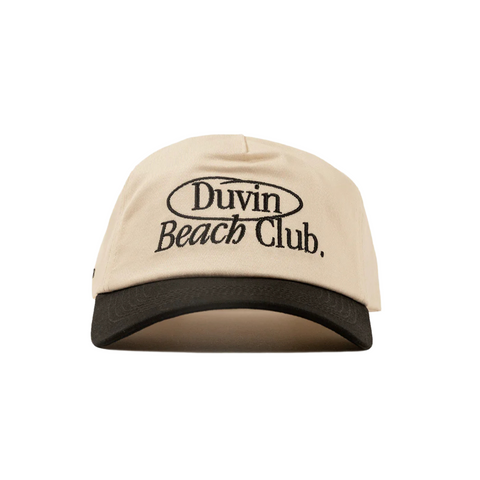Front view of the Beach Club Hat in white with crisp black embroidered logo on structured crown