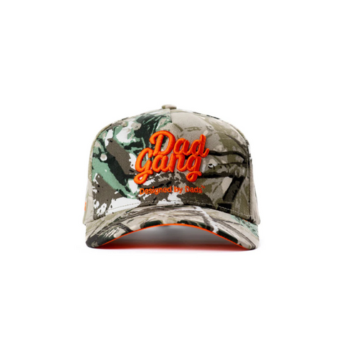 Front view of DadGang DadTree Camo Trucker Hat in Orange featuring an embroidered DadTree logo on a structured camo-print crown with bright orange brim