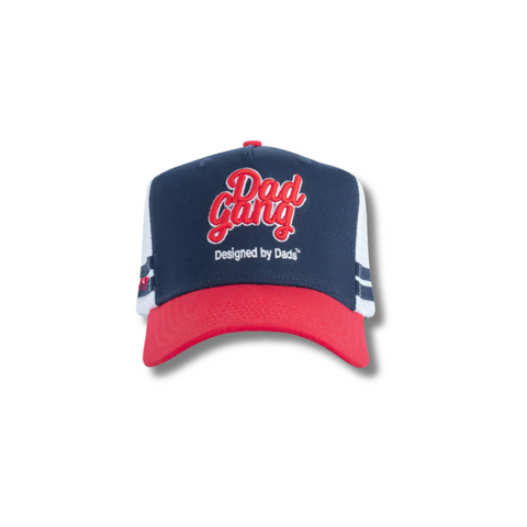 Front view of DadGang Logo USA Trucker Hat featuring bold embroidered DadGang logo with USA flag colors on a structured crown