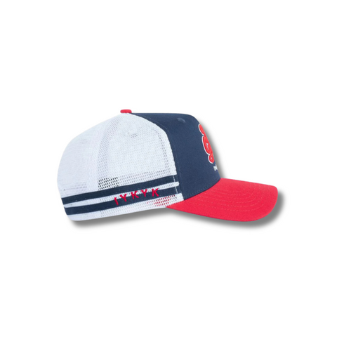 Side view of DadGang Logo USA Trucker Hat showing curved brim, mesh back panel, and patriotic front design