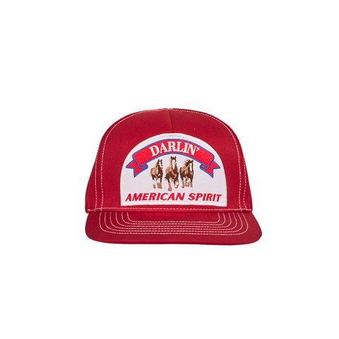 Front view of Darlin' American Spirit Snapback in Red featuring vintage-style patriotic patch and structured five-panel design