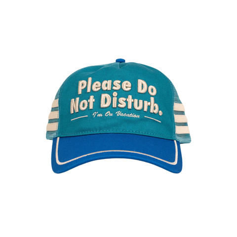 Front view of the Duvin Do Not Disturb Trucker Hat in marine blue with bold graphic text on foam panel
