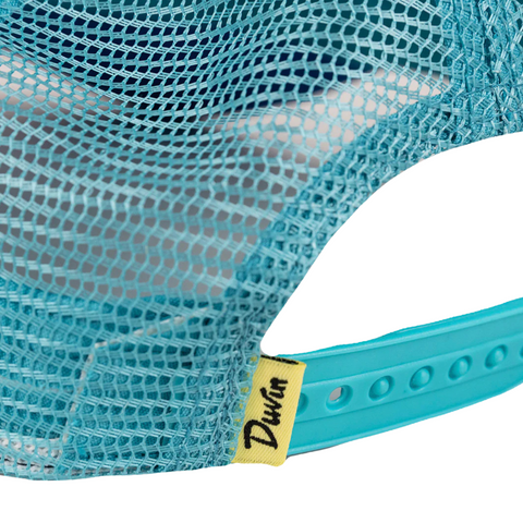 Side view of marine blue Duvin Do Not Disturb Trucker Hat showing mesh back and structured front panel