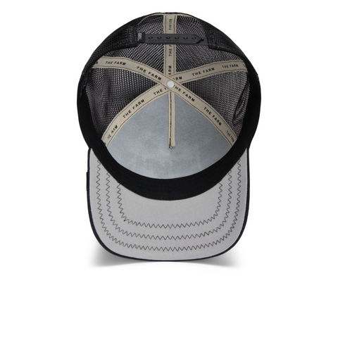 Flat lay of the Catch You Later hat from Goorin Bros in black, with a focus on the embroidered catfish patch and durable trucker-style build.