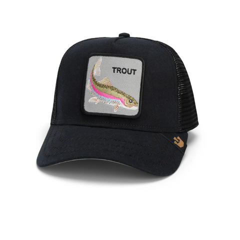 Front view of the Goorin Bros Catch You Later trucker hat in black, featuring a bold catfish patch on the structured crown with a classic mesh back.