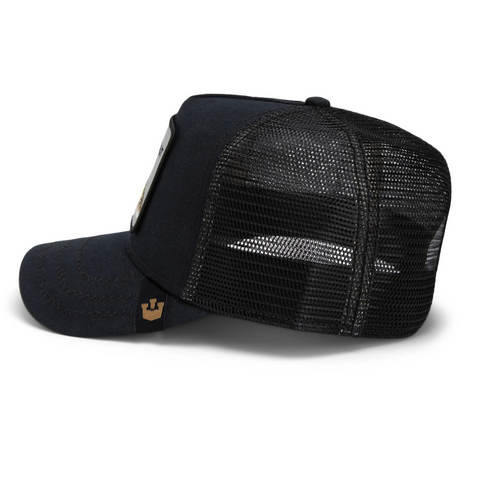 Side angle of the black Catch You Later hat by Goorin Bros, showing the curved brim and contrast mesh panel for a sporty, modern edge.