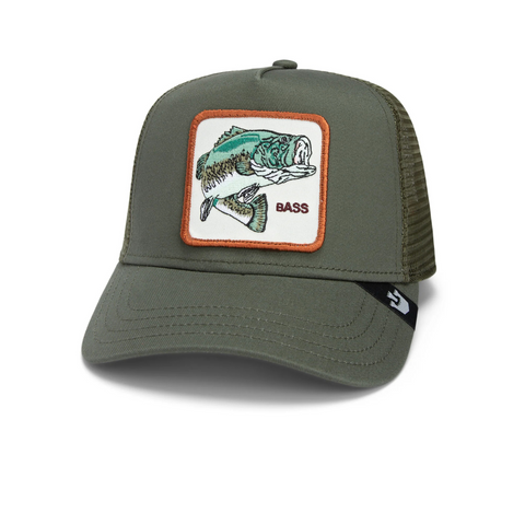Front view of the Goorin Bros Gone Fishin' trucker hat in olive green, featuring a bold fish patch on the structured crown and a breathable mesh back.