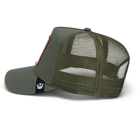 Side angle of the olive Goorin Bros Gone Fishin' cap, showing the curved brim, tonal stitching, and side mesh panel for a sporty, rugged look.