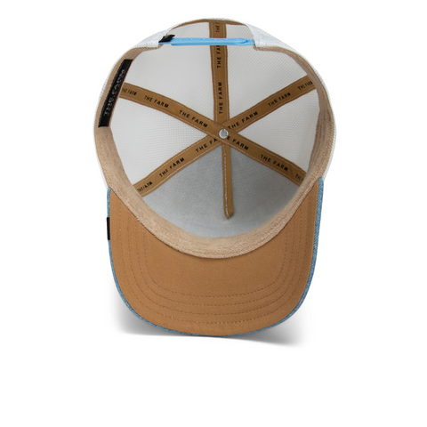 Flat lay of the white Rooster Fan Institution Ball Club hat from Goorin Bros, emphasizing the embroidered rooster patch and athletic aesthetic.