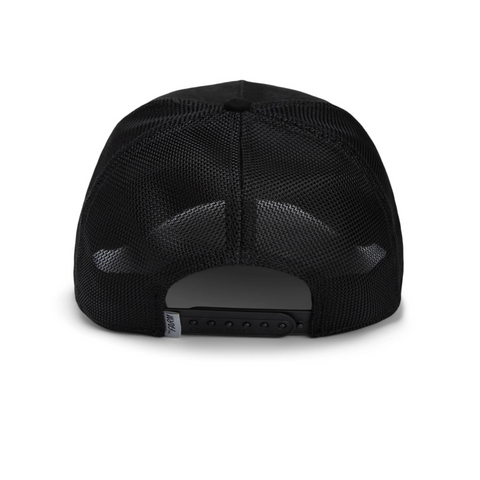 Rear view of The Suede Skull trucker hat in black by Goorin Bros, highlighting the adjustable snapback closure and mesh paneling.