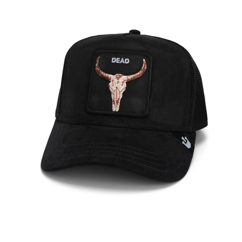 Front view of the Goorin Bros "The Suede Skull" hat in black, featuring a structured crown and embroidered skull patch on the front panel.