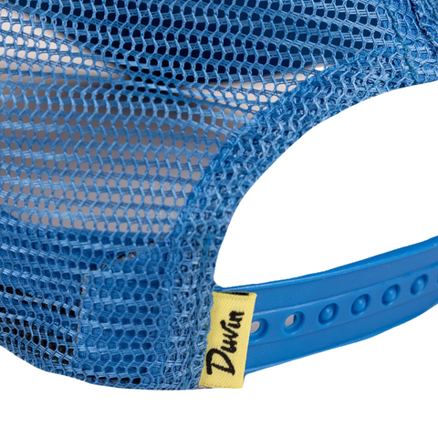 Back of the Happy Hour Trucker Hat in blue with adjustable snapback closure and mesh paneling