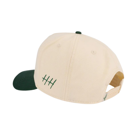 Back view of Huega House Athletic Association Hat in Green and Natural with adjustable strap and classic athletic-inspired silhouette