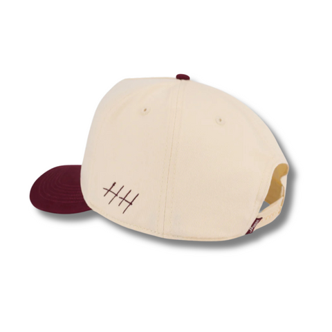 Back view of Huega House Athletic Association Hat in Maroon and Natural with adjustable strap and metal buckle closure for a custom fit