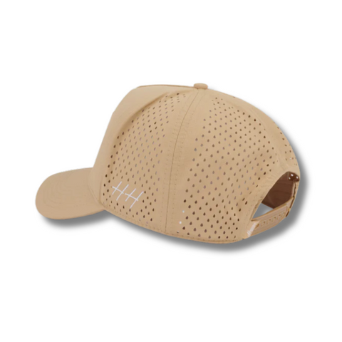 Back view of Huega House Performance Hat in Khaki with adjustable buckle strap and moisture-wicking panel construction