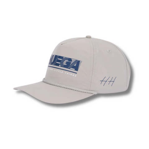 Side view of Huega House Tidal Nylon Hat in Grey showing lightweight performance fabric, flat bill, and relaxed fit