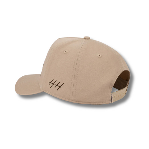 Back view of Huega House Trademark Hat in Khaki with adjustable buckle strap and clean rear panel design