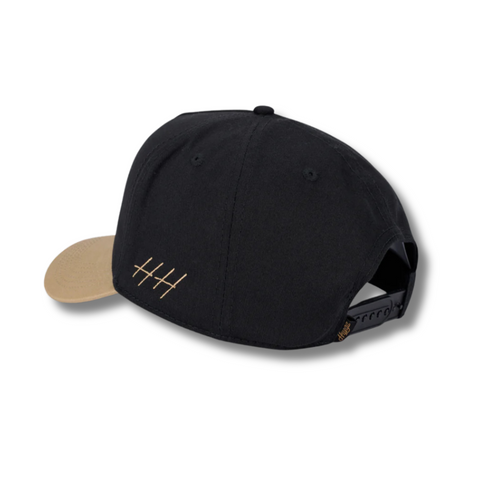 Back view of Huega House Vintage Swan Hat in Black and Khaki with adjustable snapback closure and breathable mesh back panel