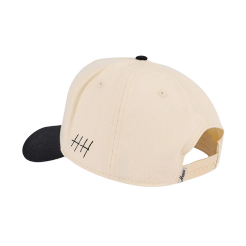 Back view of Huega House Vintage Swan Hat in Black and Natural with adjustable snapback closure and natural mesh back panels for breathability